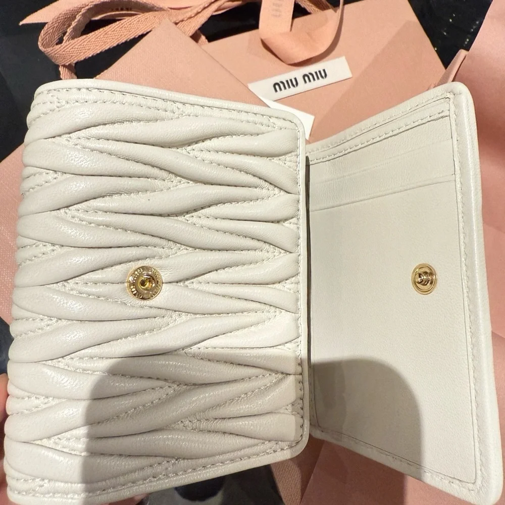 Miu Miu Ivory Matelassé Leather Compact Wallet with Gold Logo